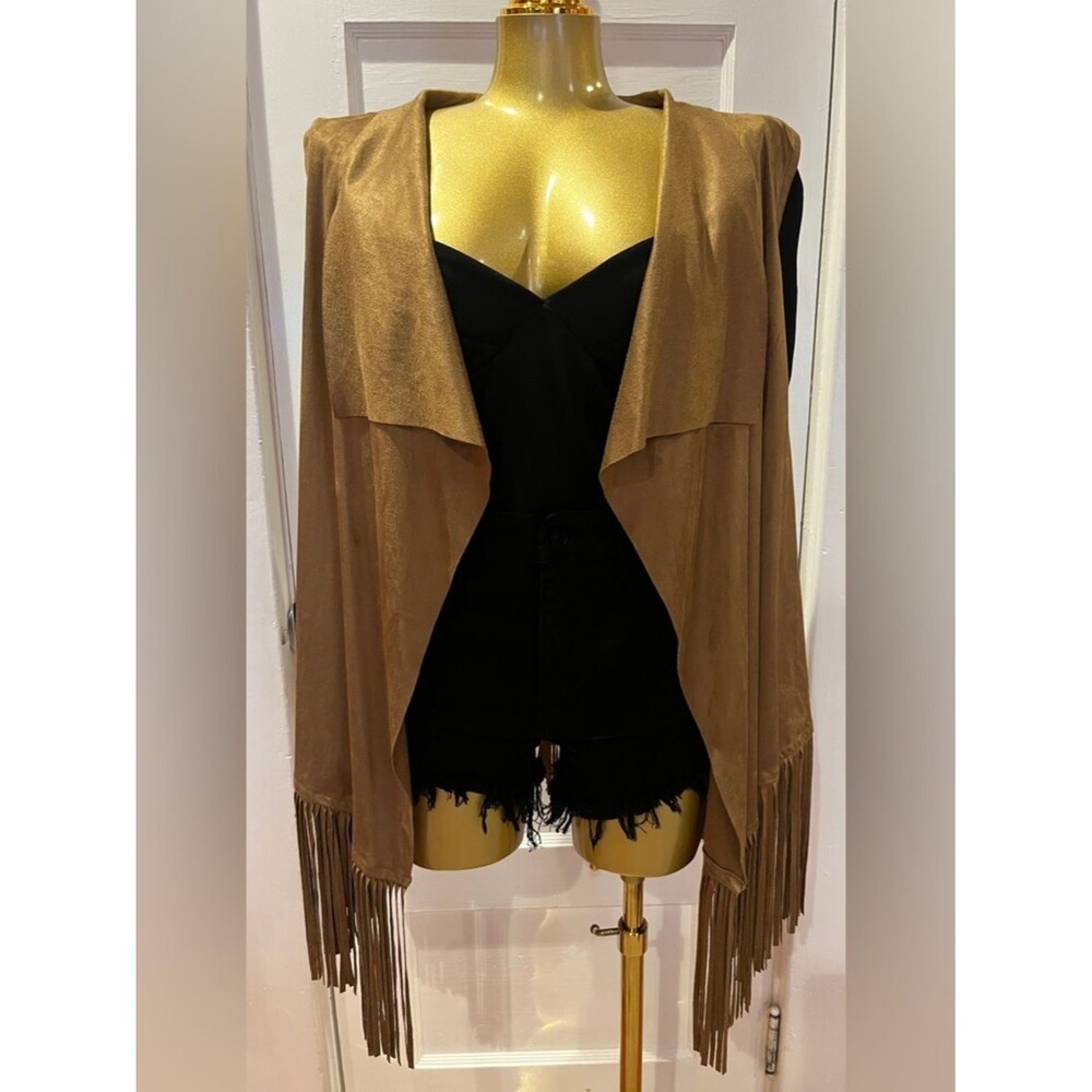 A.N.A Tan Faux Suede Fringe Vest - Boho Western Waterfall Draped Front - Size XL